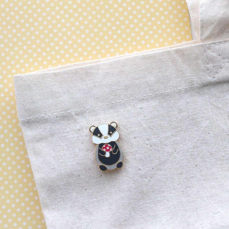 Badger holding Red Mushroom Enamel Pin. Badger Gift. Cute Woodland Animal Pin. Jacket and Backpack Pin for Animal Lovers. Mushroom Accessory image 5