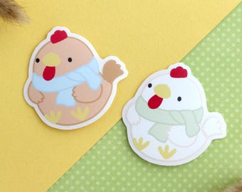 Cozy Brown and White Chicken Clear Vinyl Sticker Duo. Cute Bird Sticker. Chick in Scarves. Rooster Transparent Decals. Funny Stationery