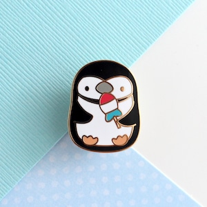 Cute Penguin Enamel Pin. Penguin Holding Rocket Fish Ice Pop Hard Enamel Pin. Kawaii Bird Jacket Pin