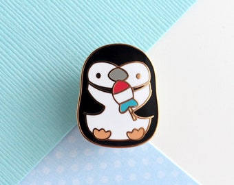 Cute Penguin Enamel Pin. Penguin Holding Rocket Fish Ice Pop Hard Enamel Pin. Kawaii Bird Jacket Pin