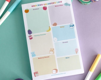 Grocery Shopping List Notizblock DIN A4. Lebensmittelliste illustriert mit lustigen Zeichnungen von Obst, Gemüse, Snacks. Farbenfrohe Küchenorganisation