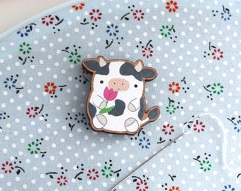 Cow Needle Minder. Cute Cow Magnet. Wooden Needle Minder. Cow Gift. Animal Magnetic Minder. Funny Craft Supply. Cow with Flowers Wood Magnet