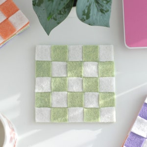 Green and white square Felt Checkered Coaster