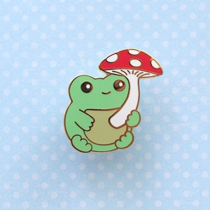 Green Frog Enamel Pin. Frog with Mushroom Umbrella. Pin for Jackets. Frog Badge. Cute Frog Gift. Backpack Pin. Kawaii Frog. Cottagecore Pin