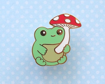 Green Frog Enamel Pin. Frog with Mushroom Umbrella. Pin for Jackets. Frog Badge. Cute Frog Gift. Backpack Pin. Kawaii Frog. Cottagecore Pin