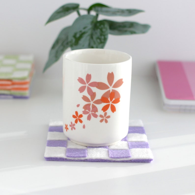 Mug on top of square Felt Checkered Coaster