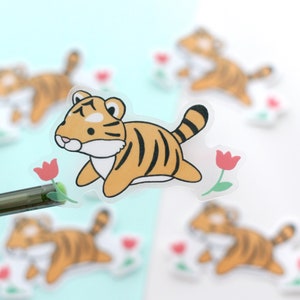 Niedlicher Tiger Sticker. Durchsichtige Vinyl Aufkleber. Tier Briefpapier. Transparenter Tiger-Aufkleber. Wasserflasche, Telefon, Laptop und Journaling Aufkleber