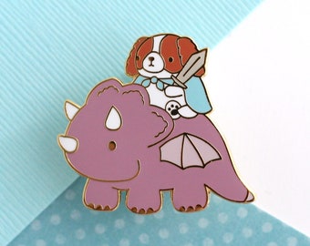 Cavalier King Charles Spaniel Riding a Purple Dragon Enamel Pin. Cute Knight Dog on Dinosaur Pin