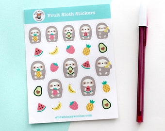 Fruit Sloth Vinyl Sticker Sheet. Glossy Waterproof Stickers. Cute Animal Stickers. Planner Decals. Scrapbook, Journaling Stationery