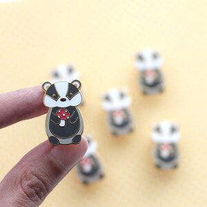 Badger holding Red Mushroom Enamel Pin. Badger Gift. Cute Woodland Animal Pin. Jacket and Backpack Pin for Animal Lovers. Mushroom Accessory image 3