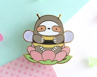 Bumblebee Sloth Enamel Pin. Cute Bee Pin with Glitter. Spring Accessory. Sloth Wearing a Bee Costume Sitting in a Flower Enamel Pin