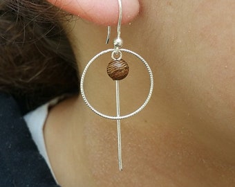 Elegant and simple, sterling silver and precious wood earring, 100% handmade, France, local craftsmanship