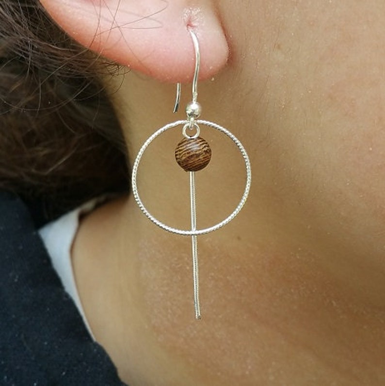 Elegant and simple, sterling silver and precious wood earring, 100% handmade, France, local craftsmanship image 1