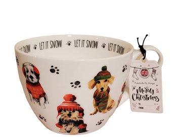 Taza de café navideña con perros Portobello en bufandas, taza de té, nueva