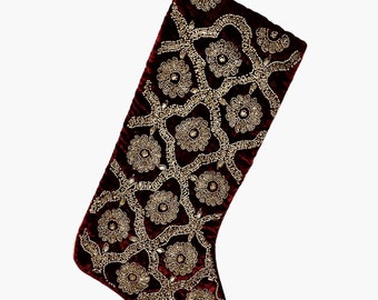 Velvet Burgundy Beaded Christmas Stocking Brand New