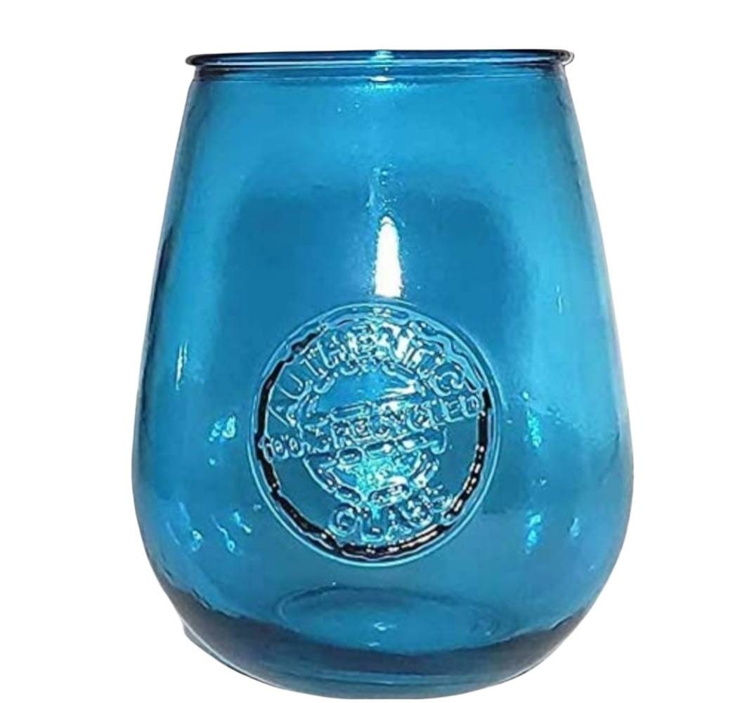 Set Of 4 San Miguel 100% Recycled Glass Blue Stemless Wine Glasses Embossed  Seal