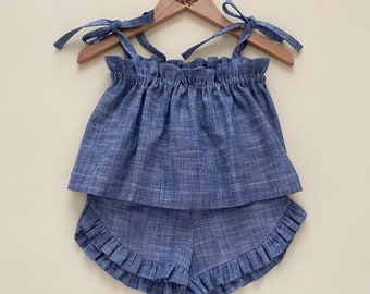 girls 2 pc summer set, toddler top and shorts, kids clothes, baby cotton outfit, birthday gift, blue swing top and ruffle shorts
