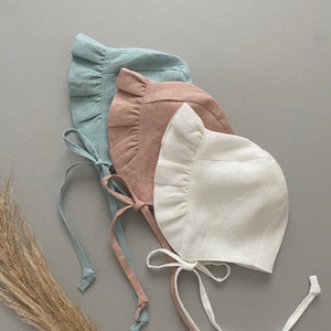 Ruffled Linen Baby Bonnet girl, ivory, dusty pink, dusty blue ruffle bonnet, toddler sunbonnet, little girl sun hat, Christening bonnet