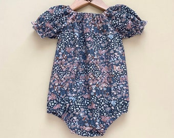ruffle sleeve baby girl romper, Easter toddler boho bubble, cute baby clothes, blue floral spring outfit, cotton peasant romper, baby gift