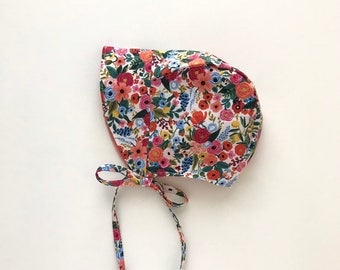 baby bonnet girl summer, sun hat, reversible bonnet, rifle paper co, sun bonnet, wildflower petite garden party bonnet, floral bonnet