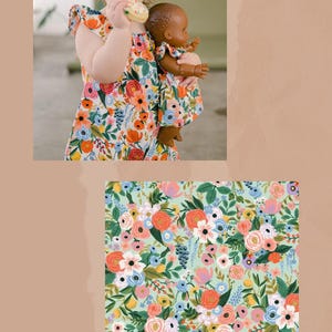 May include: A sleeveless dress featuring a vibrant floral pattern with orange, pink, blue, and white flowers on a mint green background. The text PETITE ORCHARD IN MINT is displayed below the floral fabric swatch and the dress worn by a child.