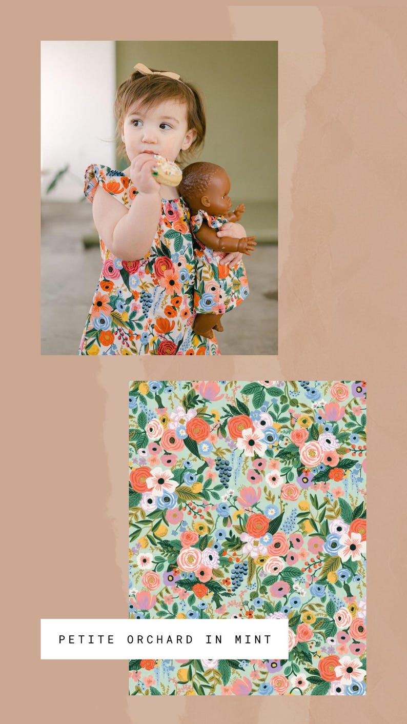 May include: A sleeveless dress featuring a vibrant floral pattern with orange, pink, blue, and white flowers on a mint green background. The text PETITE ORCHARD IN MINT is displayed below the floral fabric swatch and the dress worn by a child.
