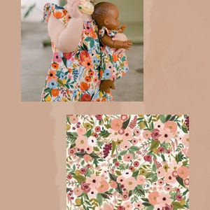 May include: A sleeveless dress featuring a white background with a vibrant floral pattern of orange, pink, blue, and green flowers. The text GARDEN PARTY PETITE ROSE is displayed at the bottom. The dress is worn by a child holding a doll.