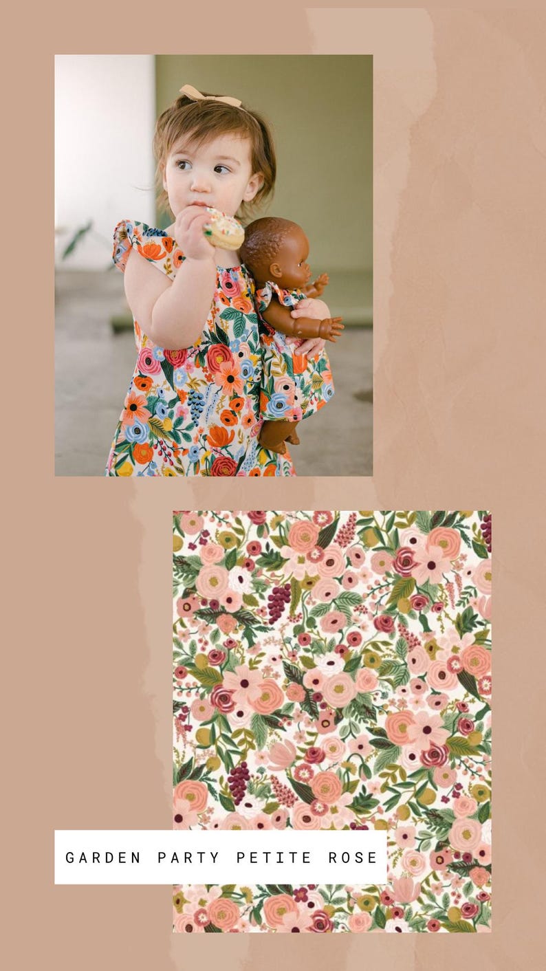 May include: A sleeveless dress featuring a white background with a vibrant floral pattern of orange, pink, blue, and green flowers. The text GARDEN PARTY PETITE ROSE is displayed at the bottom. The dress is worn by a child holding a doll.