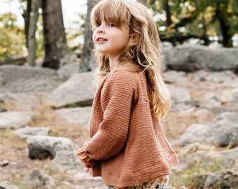 READY TO SHIP organic clay muslin double gauze baby top, long sleeve toddler blouse, little girl top, cotton boho swing top, peasant top