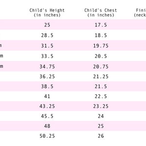 May include: A size chart table with black text on a white background. Columns list Child's Height, Child's Chest, and Finished Length in inches. Rows range from 0-3 months to size 8, providing specific measurements for each size category.