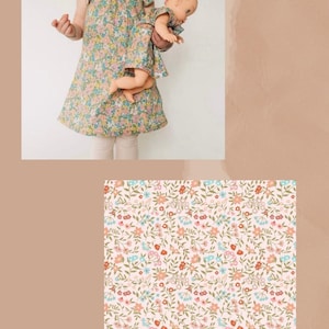 May include: A floral print dress featuring a pattern of small pink, blue, and orange flowers on a light background. The dress has flutter sleeves and a gathered neckline. A matching doll dress is included. The text PROMISE ME PINK is visible.
