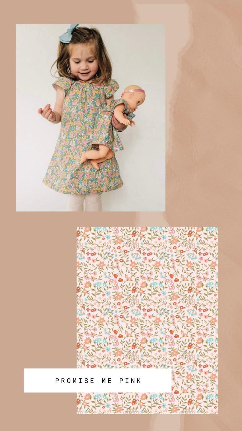 May include: A floral print dress featuring a pattern of small pink, blue, and orange flowers on a light background. The dress has flutter sleeves and a gathered neckline. A matching doll dress is included. The text PROMISE ME PINK is visible.