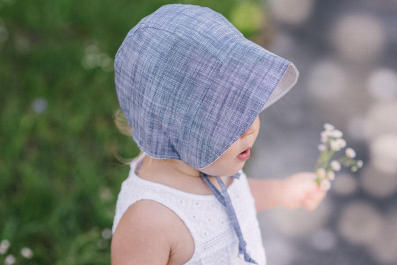 baby bonnet girl boy / baby sun bonnet / reversible bonnet / baby hat / beach sun hat / sunbonnet / chambray denim bonnet / brimmed bonnet image 6