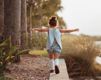 tulip back top, dusty blue linen top, open back top, little girl toddler top, summer top, baby summer shirt, tulip pinafore