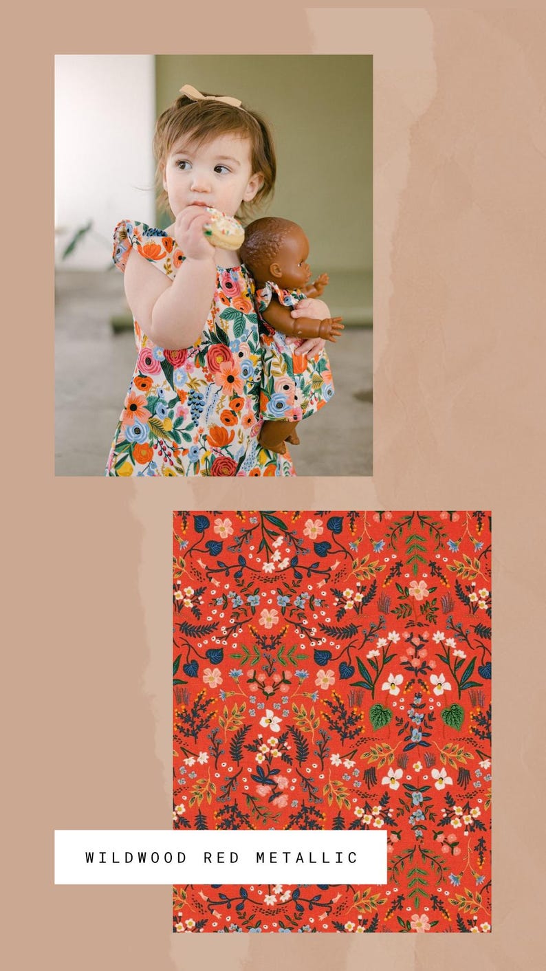 May include: A sleeveless dress featuring a vibrant floral pattern with red, orange, blue, and white flowers on a light background. A matching doll dress is included. The fabric design is labeled as Wildwood Red Metallic, showing a dense botanical print.