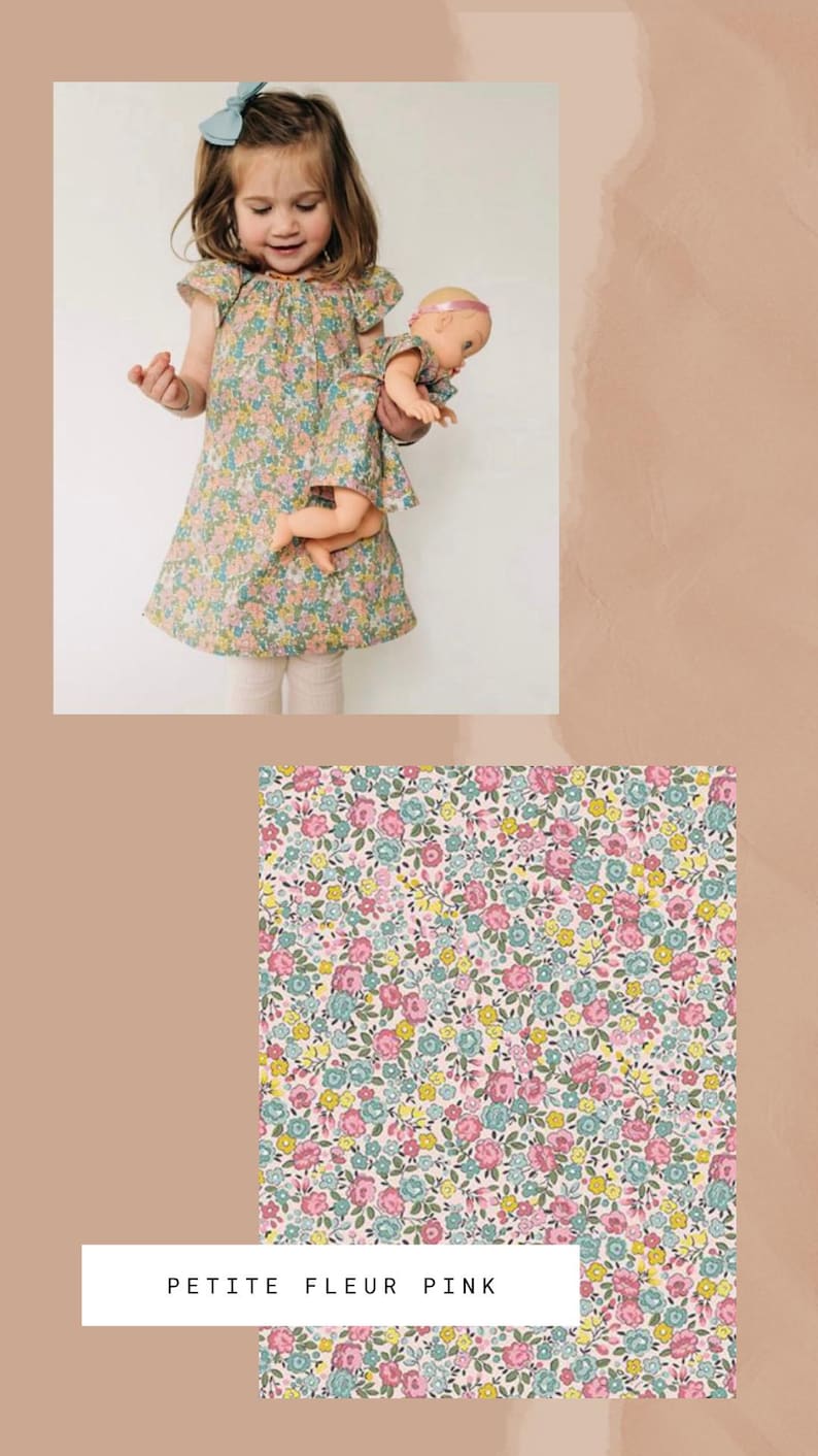 May include: A dress with a floral pattern featuring small pink, blue, and yellow flowers on a light background. The dress has short flutter sleeves and a round neckline. A matching doll dress is included. The text PETITE FLEUR PINK is visible.