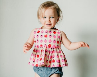 strawberry peplum, baby tie back peplum, toddler strawberry picking shirt, summer blouse, fruit top, first birthday