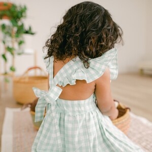 girls gingham Easter dress, sage mint toddler pinafore, green pink ruffle summer dress, boho baby spring pictures, first birthday outfit image 2