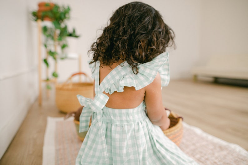 girls gingham Easter dress, sage mint toddler pinafore, green pink ruffle summer dress, boho baby spring pictures, first birthday outfit image 2