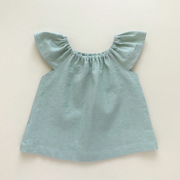 seafoam linen flutter top / linen peasant top / flutter sleeve boho top / toddler spring top / girls swing top / baby linen blouse