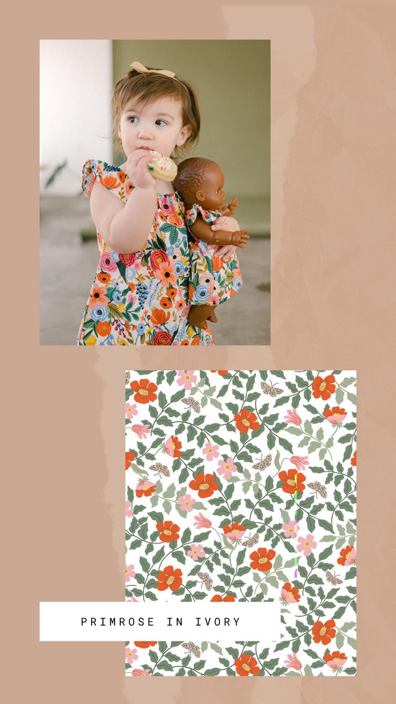 Girl and Doll Matching Outfits, Dolly and Me Dresses, Girls Gift, 12" 13" 15” 18” Baby Doll Clothing, Rifle Paper Co Primrose in Ivory