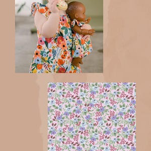 May include: A sleeveless dress featuring a vibrant floral pattern with orange, red, blue, and green flowers on a white background. The fabric has a ruffled shoulder detail. Below, a swatch shows the Rosa in Lilac pattern with purple flowers.