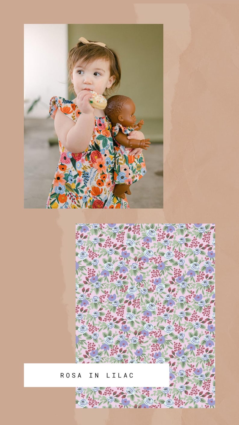 May include: A sleeveless dress featuring a vibrant floral pattern with orange, red, blue, and green flowers on a white background. The fabric has a ruffled shoulder detail. Below, a swatch shows the Rosa in Lilac pattern with purple flowers.