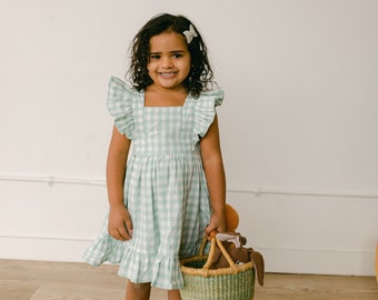 girls gingham Easter dress, sage mint toddler pinafore, green pink ruffle summer dress, boho baby spring pictures, first birthday outfit