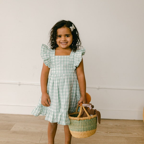 girls gingham Easter dress, sage mint toddler pinafore, green pink ruffle summer dress, boho baby spring pictures, first birthday outfit