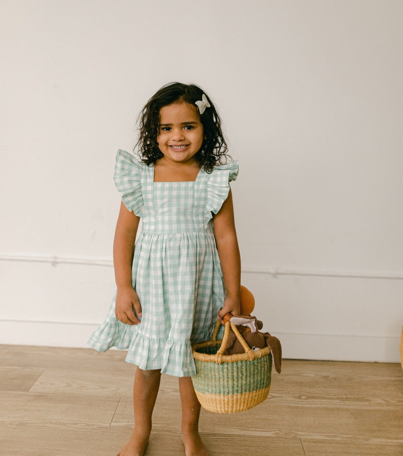 girls gingham Easter dress, sage mint toddler pinafore, green pink ruffle summer dress, boho baby spring pictures, first birthday outfit Sage Gingham