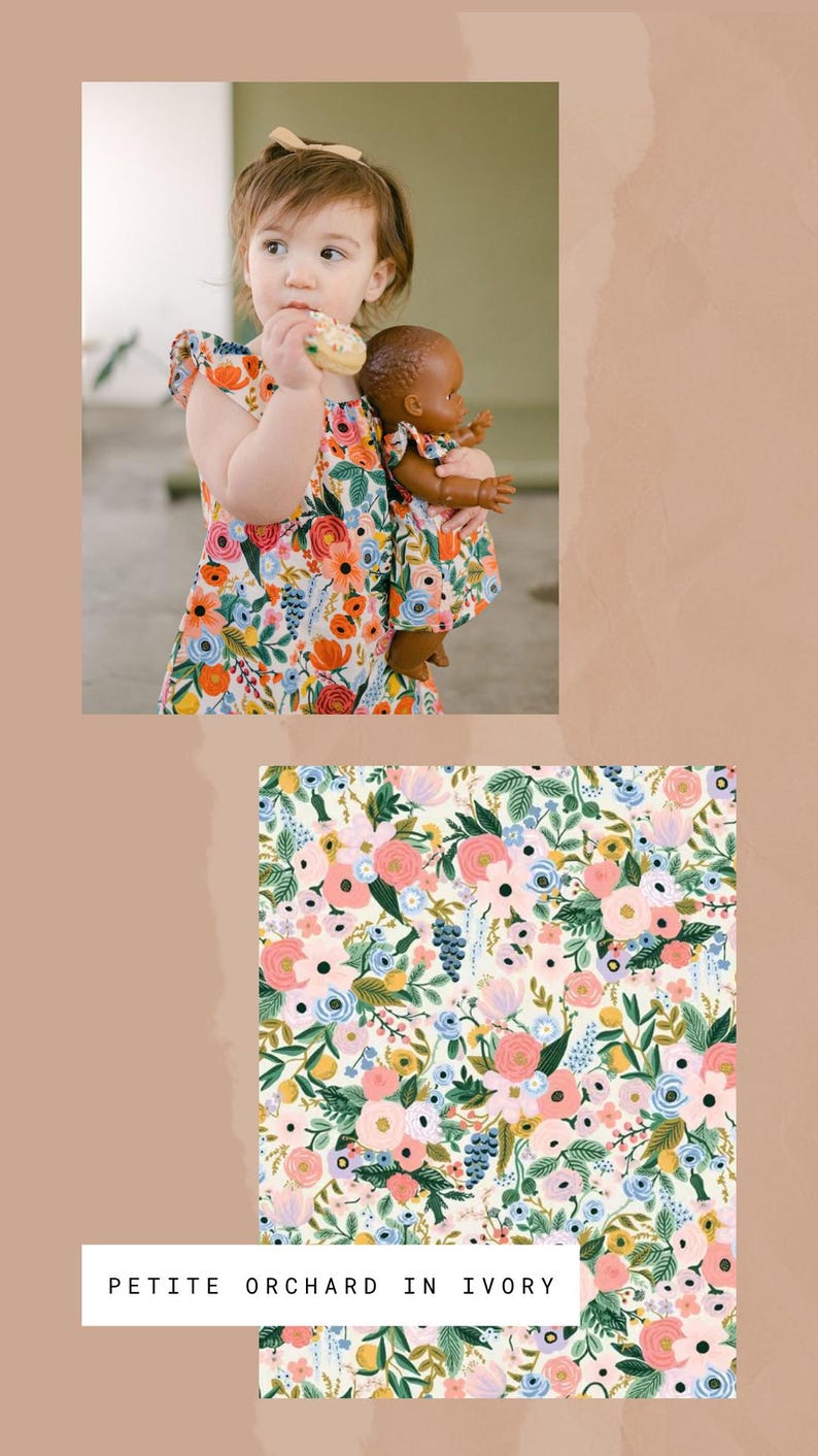 May include: A sleeveless dress featuring a vibrant floral pattern with pink, orange, and blue flowers on an ivory background. The text PETITE ORCHARD IN IVORY is displayed at the bottom. The dress has ruffled sleeves and a loose, comfortable fit.
