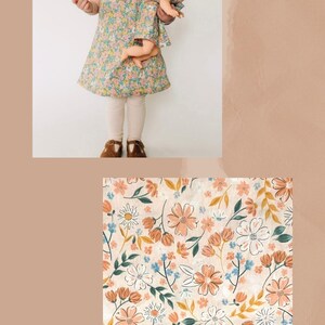 May include: A dress with a peach floral pattern featuring small orange, blue, and white flowers on a light background. The dress has short flutter sleeves and a round neckline. A matching outfit for a doll is also shown in the same floral print.