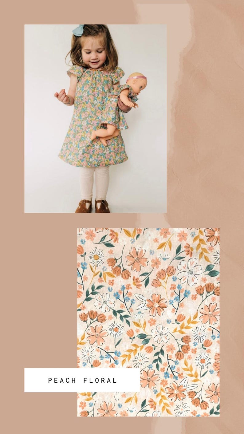 May include: A dress with a peach floral pattern featuring small orange, blue, and white flowers on a light background. The dress has short flutter sleeves and a round neckline. A matching outfit for a doll is also shown in the same floral print.