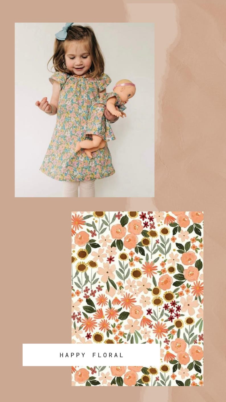 May include: A dress with a multi-colored floral pattern featuring pink, orange, and green flowers on a white background. The dress has short flutter sleeves and a gathered neckline. A matching doll dress is included in the same floral print.